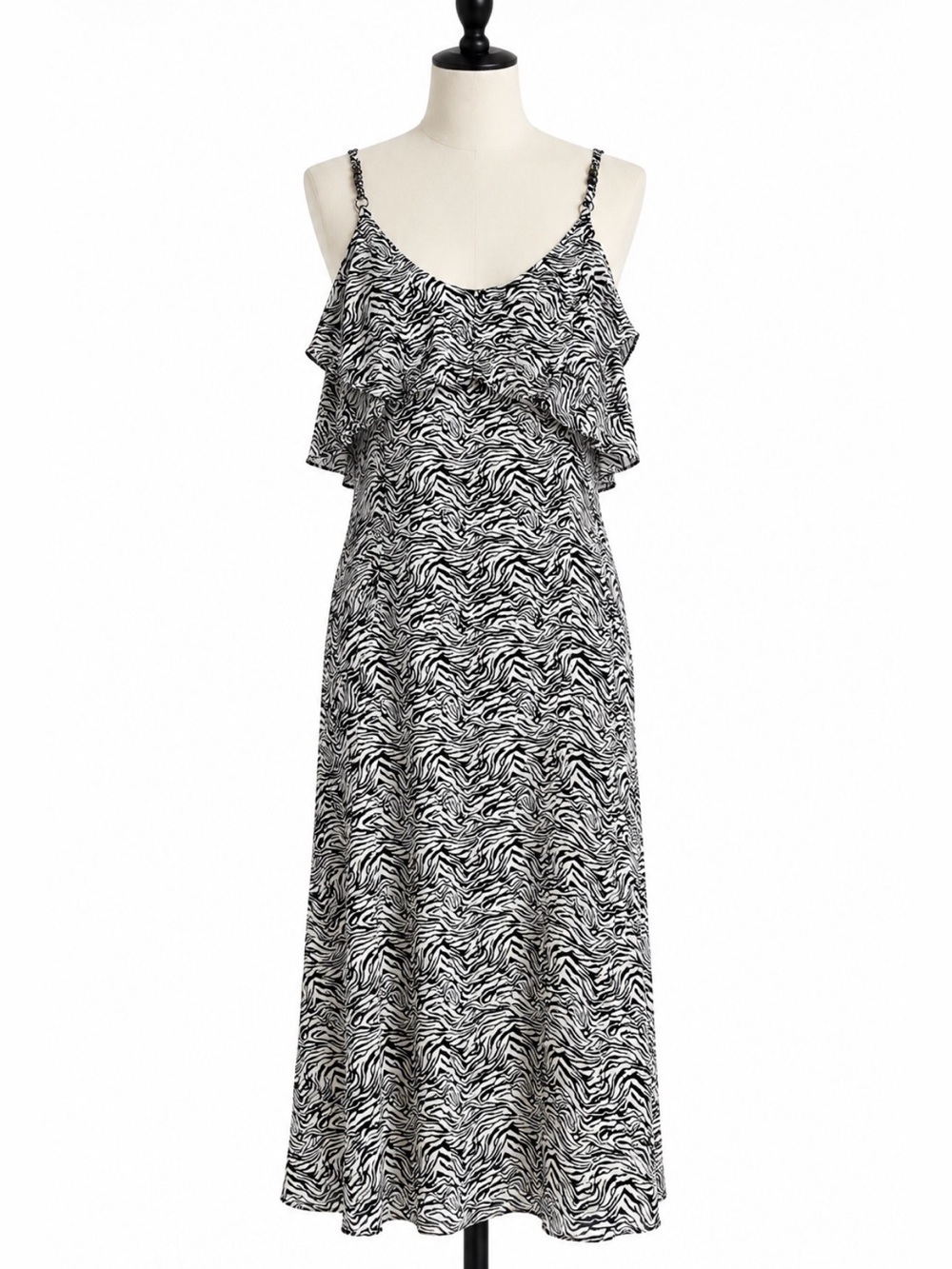 One Teaspoon Zebra Print Midi Dress M Black White Ruffle Beaded Strap NWT